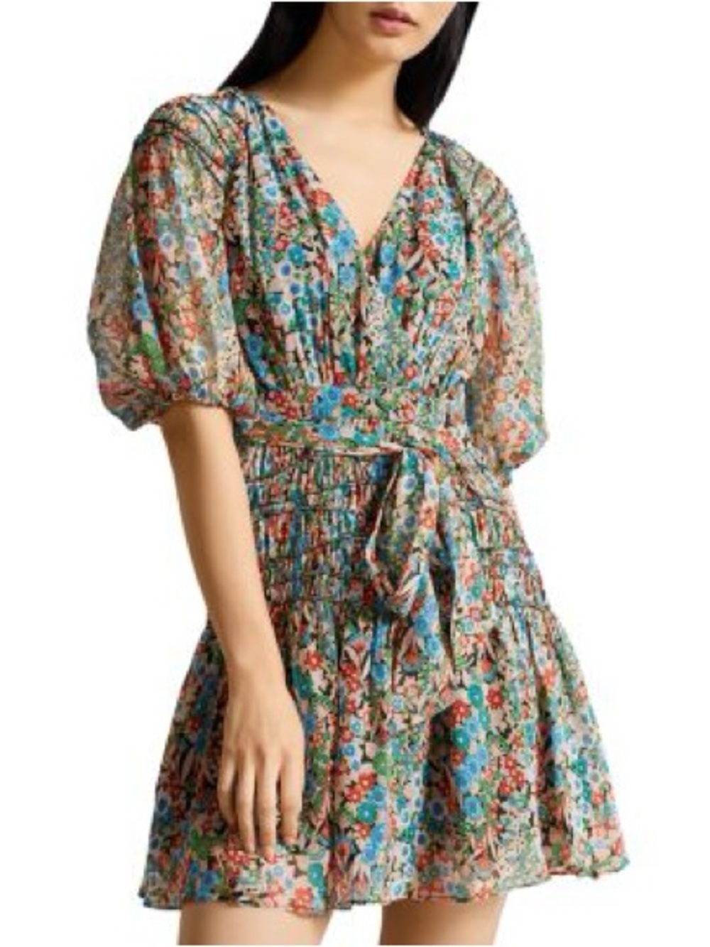 Ted Baker Sz 10 Tiania Floral Cottagecore Smoked Belted Mini Dress